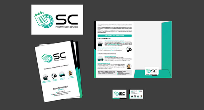 Charte graphique de SCPS Sandrine Cluet : logo, carte de visite, chemise à rabats, illustrations et pictos