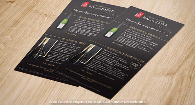 Design du flyer présentant les deux cuvées du Champagne Bacarisse