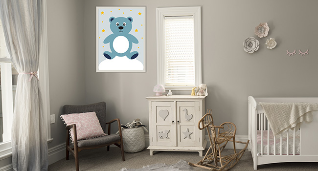 Création de 3 illustrations d'un ourson pour habiller la chambre d'un bébé (40 x 30 cm), décoration.