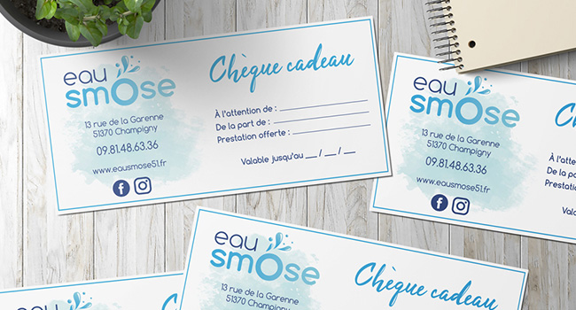 Modernisation du logo et design des chèques cadeaux pour Eau Smose, un centre de remise en forme et de bien être.