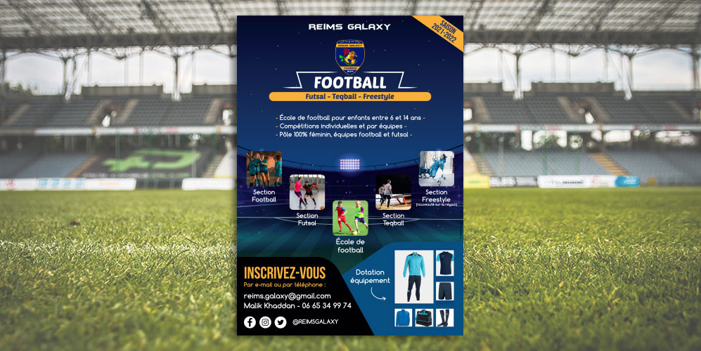 avis projet affiche et flyer pour Reims Galaxy, association de football, futsal, teqball et freestyle à Reims