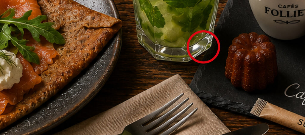 détourages imparfaits : le verre passe au dessus de l'assiette en ardoise