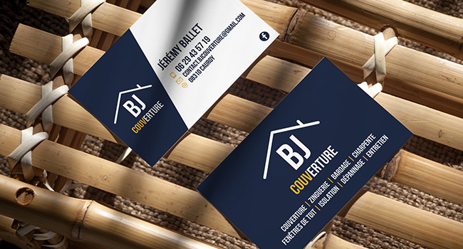 Création du logo et de la carte de visite pour BJ Couverture, entreprise située à Cauroy dans les Ardennes spécialisée dans la couverture, la zinguerie, le bardage, la charpente, les fenêtres de toit, l'isolation, le dépannage et l'entretien