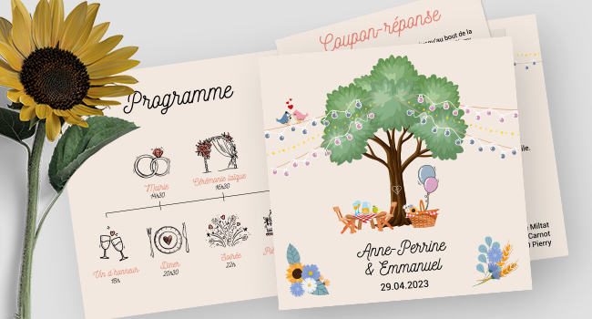 graphiste mariage à Reims - Design du faire-part et coupon-réponse pour le mariage dans le thème champêtre