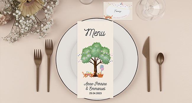 Design du menu et création du marque-place pour le mariage dans le thème champêtre