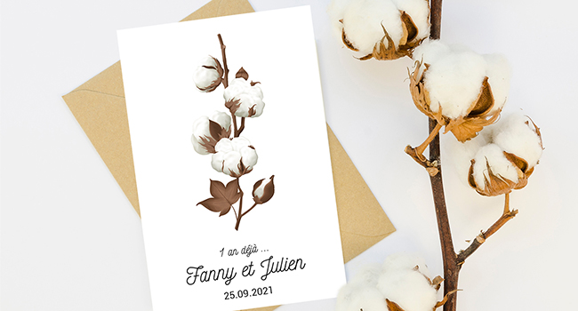 Carte pour les noces de coton. Un design 100% personnalisé, une belle idée cadeau à offrir pour la 1ere année de mariage.