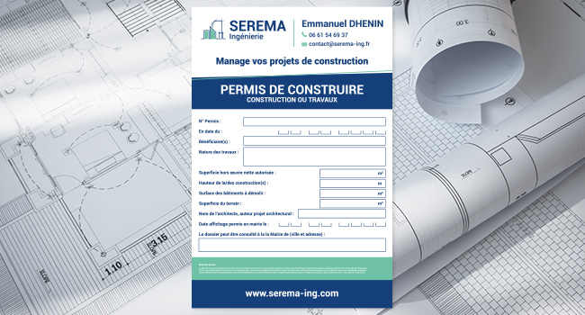 Réalisation du logo de SEREMA Ingénierie et du panneau de permis de construire pour ses chantiers, 100% personnalisé avec son logo, ses couleurs et son identité graphique