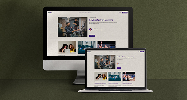 Réalisation des maquettes UX/UI du blog de Drovio. Au programme : tout ce qu'il faut savoir sur le Pair Programming, Remote Work, Distance Learning, Collaborative Work et les actualités de Drovio, etc.