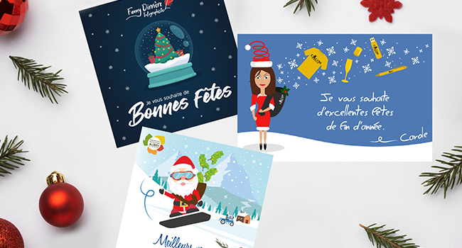 Design des cartes de vœux au format numérique que vous pouvez diffuser sur vos sites, mails, réseaux sociaux, etc. et des cartes de vœux traditionnels pour envoyer par courrier à vos contacts.