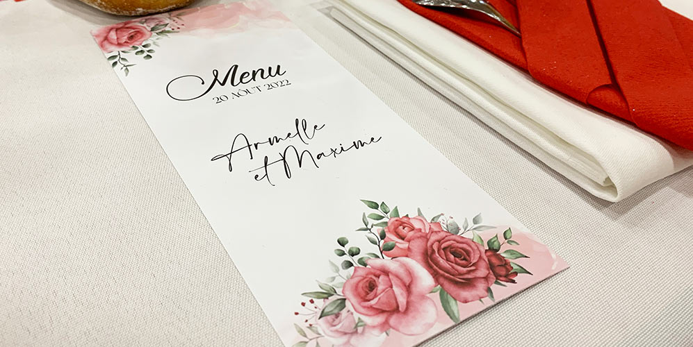 avis design faire-part et menu de mariage d'Armelle et Maxime, thème floral